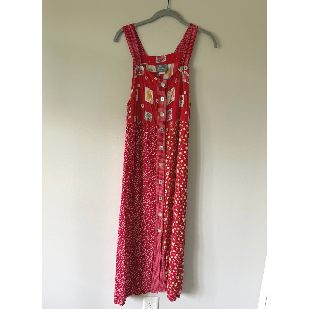 Carol Anderson Petites Vintage Red Patchwork Fruit Floral Maxi Dress PS Cottage
